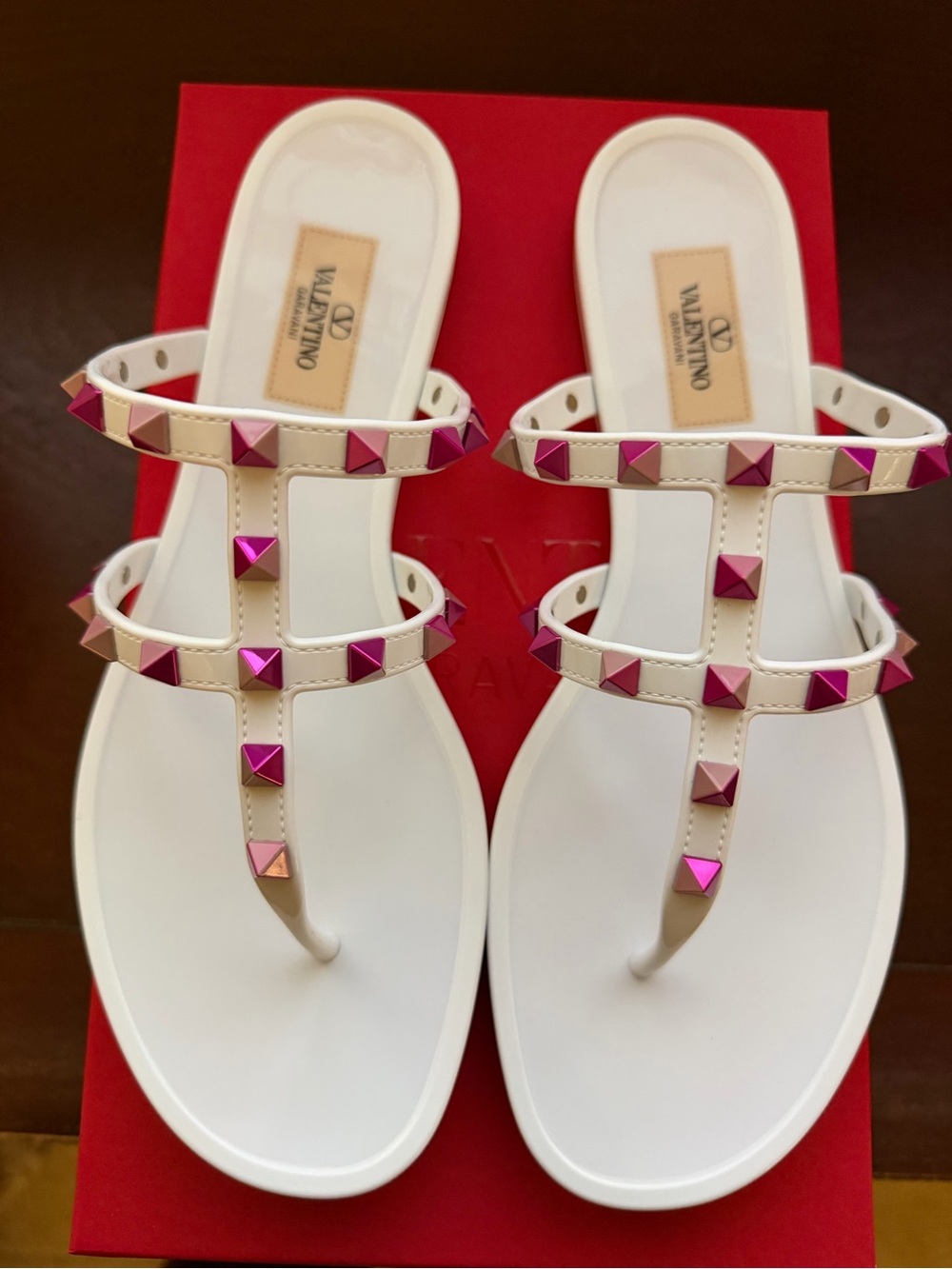Valentino White T-Strap Sandals with Pink Pyramid Studs